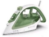an image of a green and white steam iron on a white background