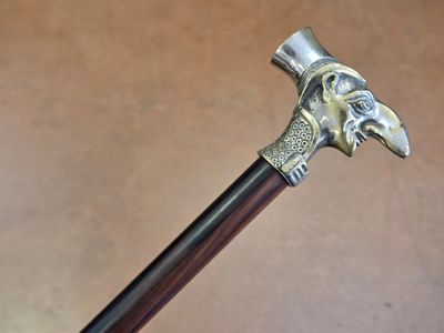 a close up of a walking stick with a bird head on it
