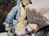 a painting of a woman riding a horse in a field