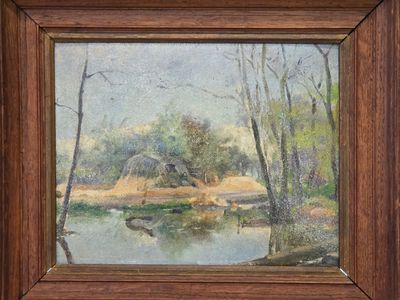 an oil painting of a river with trees and a house in the background