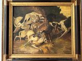 une peinture à l'huile représentant un chien poursuivant un groupe de chiens