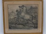 une image représentant un dessin d'un homme à cheval accompagné d'un chien
