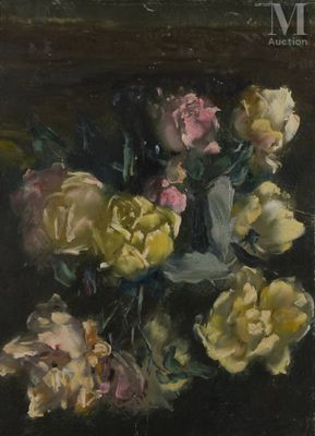 tableau représentant un bouquet de fleurs dans un vase posé sur une table