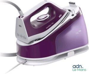 an image of a purple and white steam iron sitting on top of a table