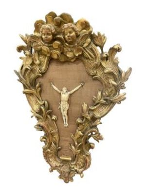 Tableau crucifix avec Christ en ivoire sculpté, tête levée v…