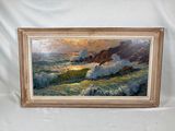 une peinture à l'huile représentant des vagues se brisant contre un rivage rocheux