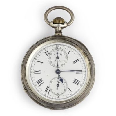 a silver pocket watch with roman numerals on it
