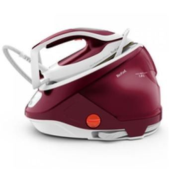 an image of a red and white steam iron on a white surface
