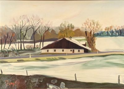 an oil painting of a farm with a barn in the background