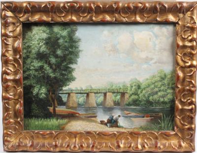 une photo d'un tableau représentant un homme et un chien au bord d'une rivière