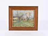 une peinture à l'huile représentant un arbre dans un champ avec une maison à l'arrière-plan