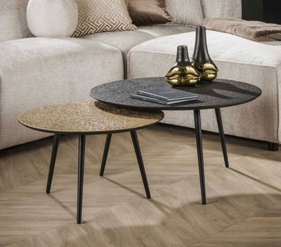 Lot de 2 tables basses rondes en bois gris et bronze et pied…