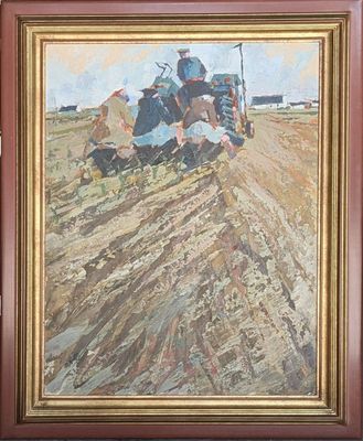 painting of a man plowing a field with a horse drawn plow