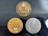 three gold, silver and bronze medals on display in a glass case