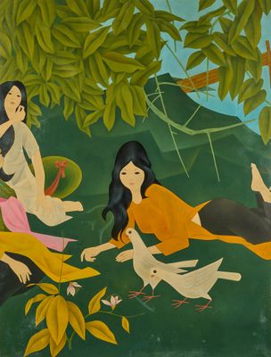 un tableau représentant un groupe de femmes assises sur un banc