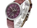 an image of a woman ' s wrist watch with purple dial and brown leather strap