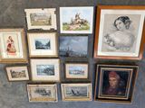 many framed pictures on the wall of this room