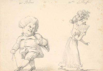 two drawings of a woman and a man in formal clothing