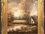 un tableau représentant une maison dans un champ, près d'une rivière