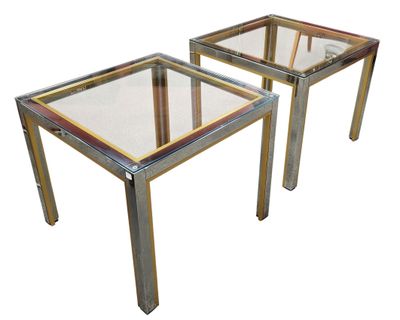 pair of chrome and glass side tables with gold trim