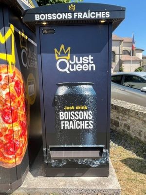 une boîte aux lettres sur laquelle est posée une pizza, à côté d'une poubelle