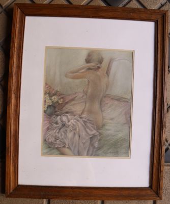 painting of a nude woman sitting on a bed in front of a mirror