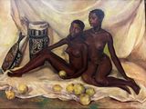 tableau représentant deux femmes noires assises sur une couverture avec des pommes