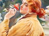 an oil painting of a woman holding a flower in her hand