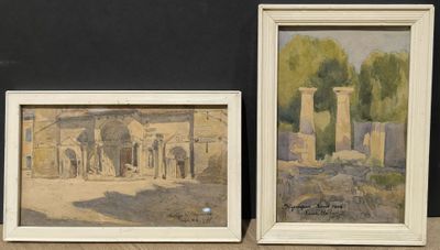 two framed paintings of a building and a building with columns