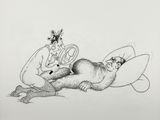 une image représentant un dessin d'un homme et d'un chat sur une planche de surf