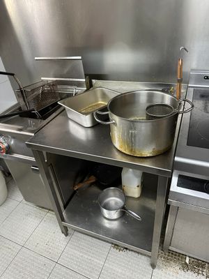 stainless steel counter top with pots and pans on it in a commercial kitchen