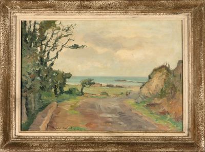 an image of a painting of a road with a view of the ocean