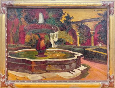 une peinture à l'huile représentant un jardin avec une fontaine au premier plan