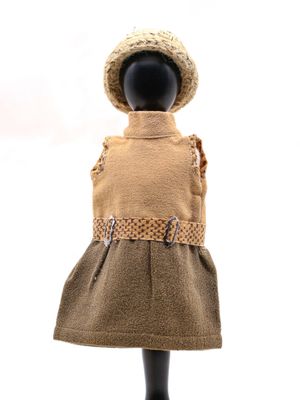 Le mannequin porte une robe marron et un chapeau de paille.