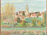 an oil painting of a village with a church in the background