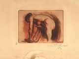 dessin représentant une femme penchée en avant, la tête baissée