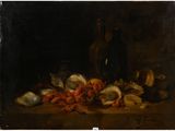 tableau représentant une nature morte avec des huîtres et d'autres aliments posés sur une table