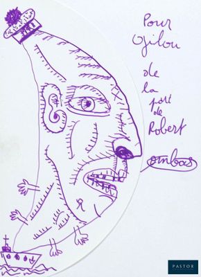 dessin à l'encre violette représentant un homme coiffé d'une couronne