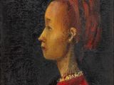 un tableau représentant une femme aux cheveux roux vêtue d'une robe rouge