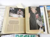 an open book with a picture of a man holding a rooster