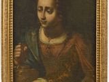 un tableau représentant une femme en robe rouge tenant une tasse