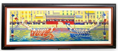 painting of a boat in a body of water with people on it