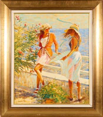 painting of two women holding hands by the water