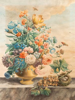 Ecole du XIXe siècme. Bouquet de fleurs sur un entablement ;…