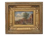a painting of a village scene with a horse drawn carriage