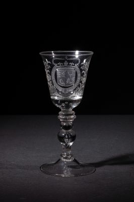 a wine glass with a crest on it sitting on a table