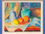 an oil painting of a plate of fruit on a table