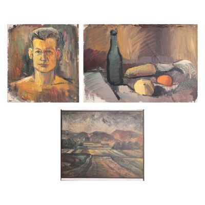 trois tableaux représentant un homme avec une bouteille de vin et une corbeille d'oranges