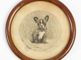 drawing of a small dog sitting in a wooden frame on a white background