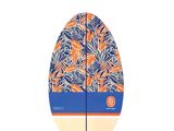 une photo d'une planche de surf ornée d'un motif orange et bleu
